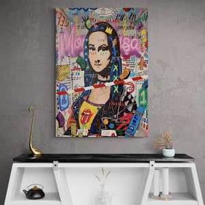 Banksy Mona Lisa Leinwandkunst, Bunte Mona Lisa Wandkunst, Berühmtes Wandbild Zitat Leinwand, Graffiti Moderne Pop Street Art, Abstrakter Graffiti-Druck