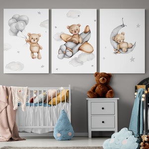 Set of 3 Teddy Bear Canvas, Nursery Wall Art, Nursery Wall Art Animals, Gift For Kids Room, Balloon Canvas Art, Baby Bear Art, Cute Bear Art