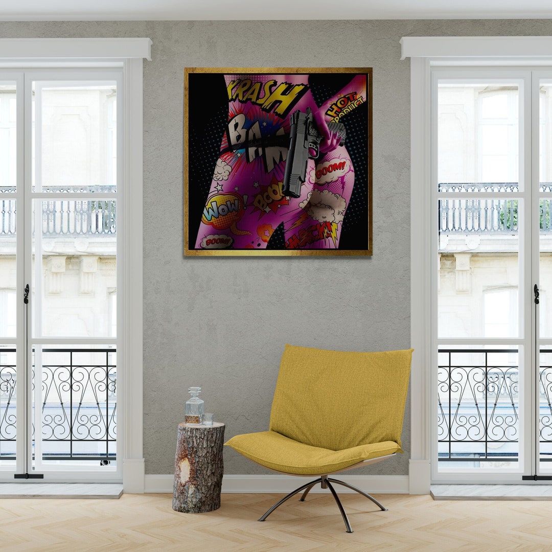 Woman Ass Pop Art, Cartoon Pop Art, Sexy Woman Body Wall Art, Gunner Woman Framed Canvas, Nude