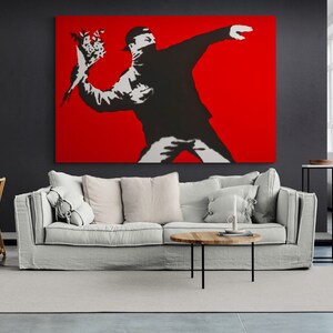 Banksy Canvas, Love Is In The Air Wall Art, Street Graffiti Art, Famous Mural Canvas, Banksy Graffiti Canvas, Banksy, Ready to Hang Canvas