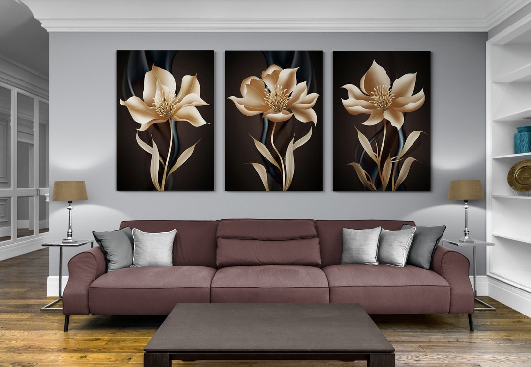 Golden Flower Canvas Set of 3 Canvas Abstract Flower Wall Etsy