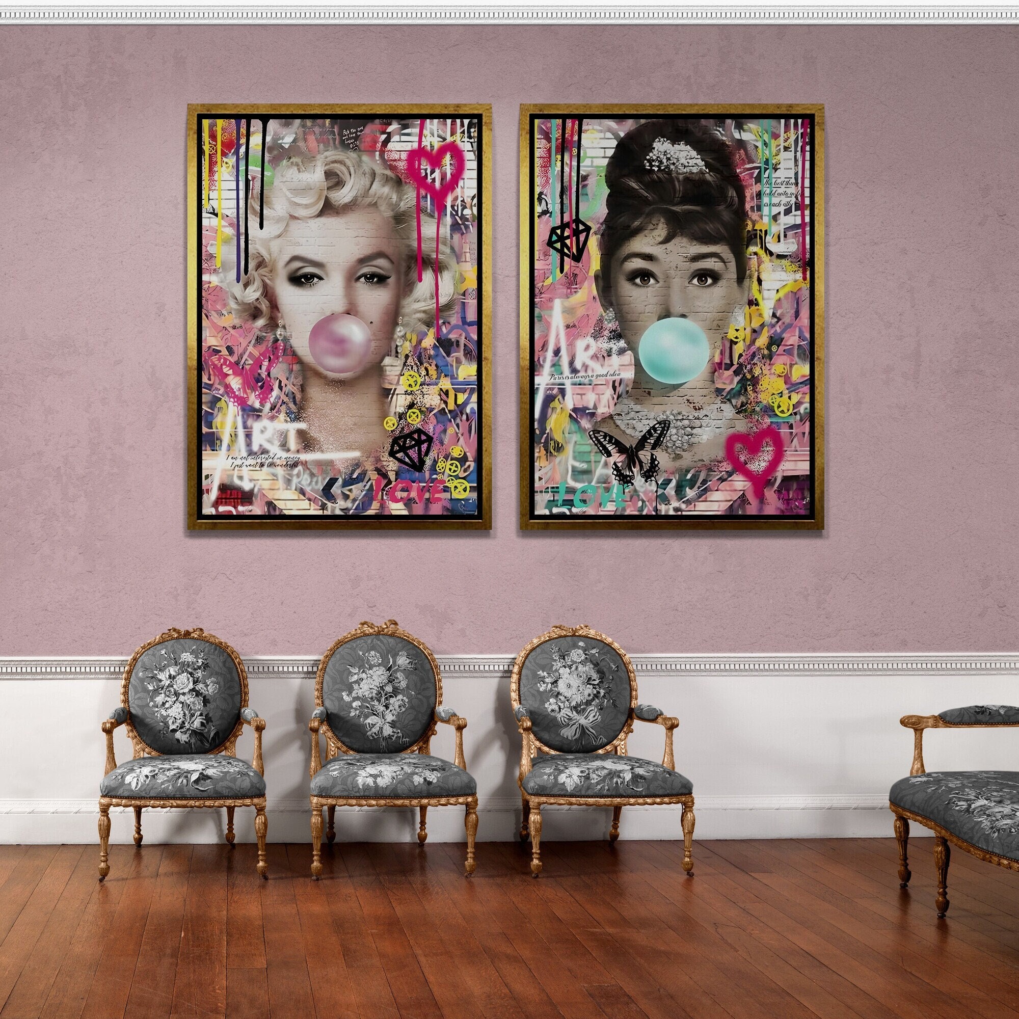 Audrey Hepburn Framed Canvas, Marilyn Monroe Wall Art, Pink Bubble Gum Canvas, Set of 2 Actress Wall Art, Bubble Gum Silver Framed Canvas