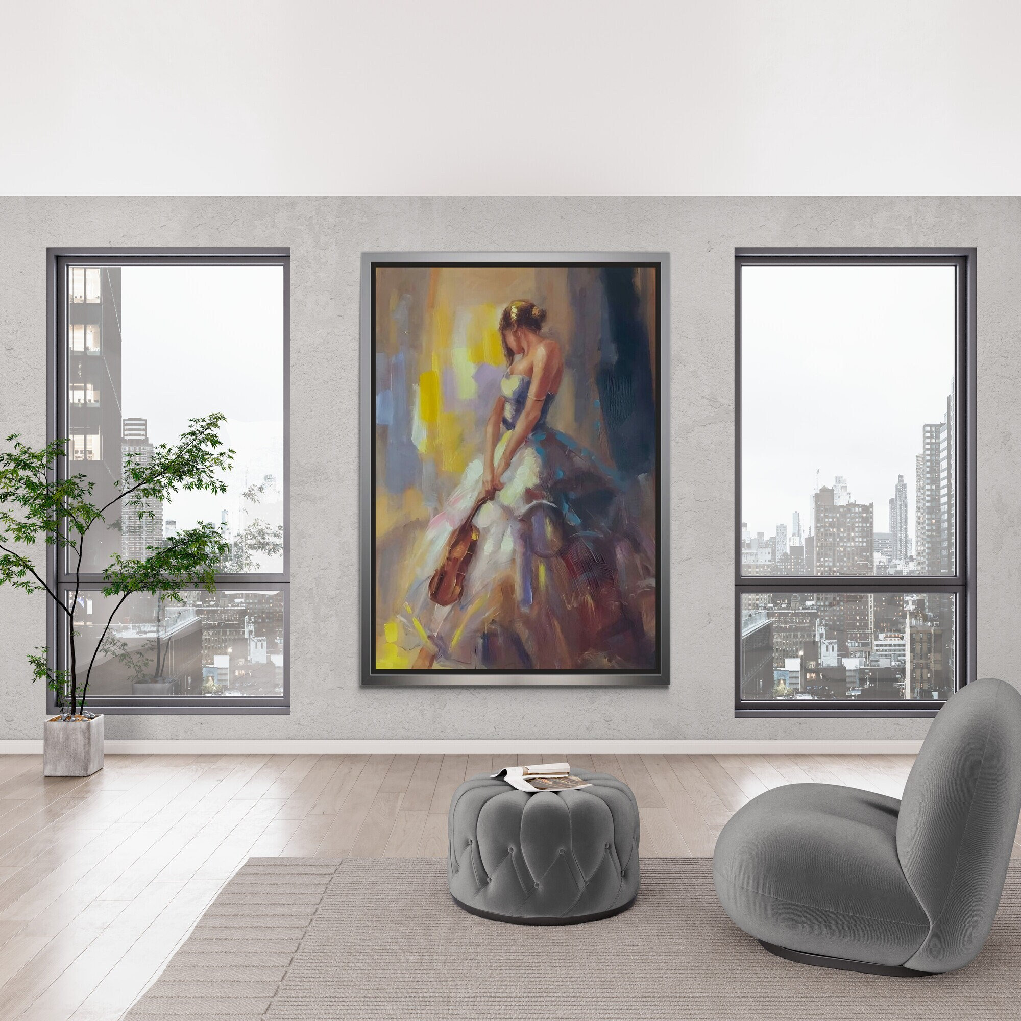 Woman With Violin, Woman With Violin Wall Art, Music Framed Canvas, Oil Painting Wall Art, Violinist Canvas, Violin Silver Framed Canvas
