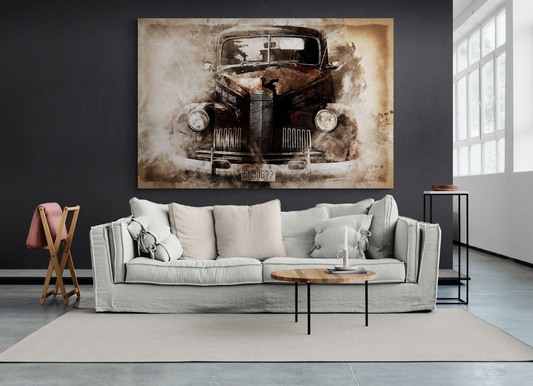 Black Classic Car Drawing Effect Canvas Art, Classic Cars Poster