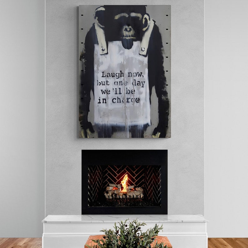 Banksy Monkey Laugh Framed Canvas, Banksy Wall Art, Stencil Canvas ...