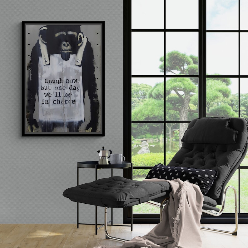 Banksy Monkey Laugh Framed Canvas, Banksy Wall Art, Stencil Canvas ...