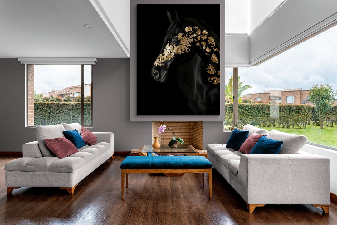 Black Horse Canvas Print, Gold Pattern, Modern Wall Art - Etsy