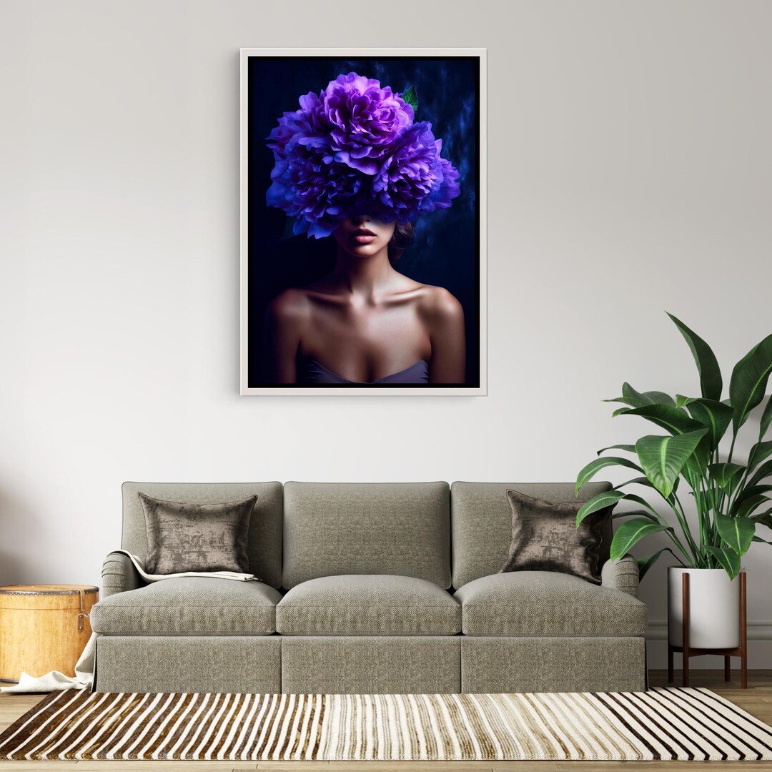 Purple Flower Crown Woman Portrait Canvas | Surreal Floral Wall Art - Etsy