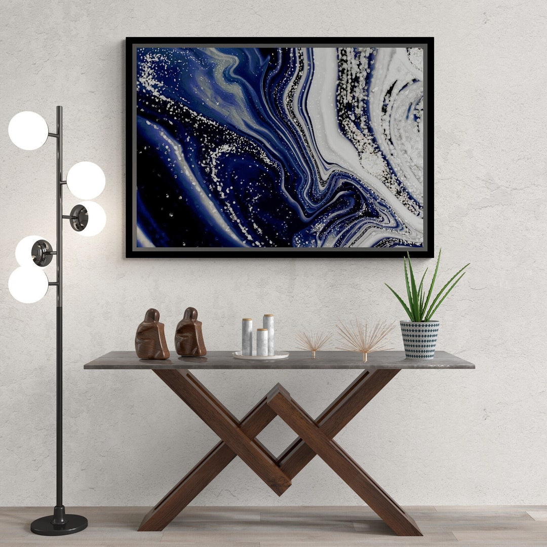 Navy Blue Marble Wall Art Marble Framed Canvas Gold Marble Etsy UK