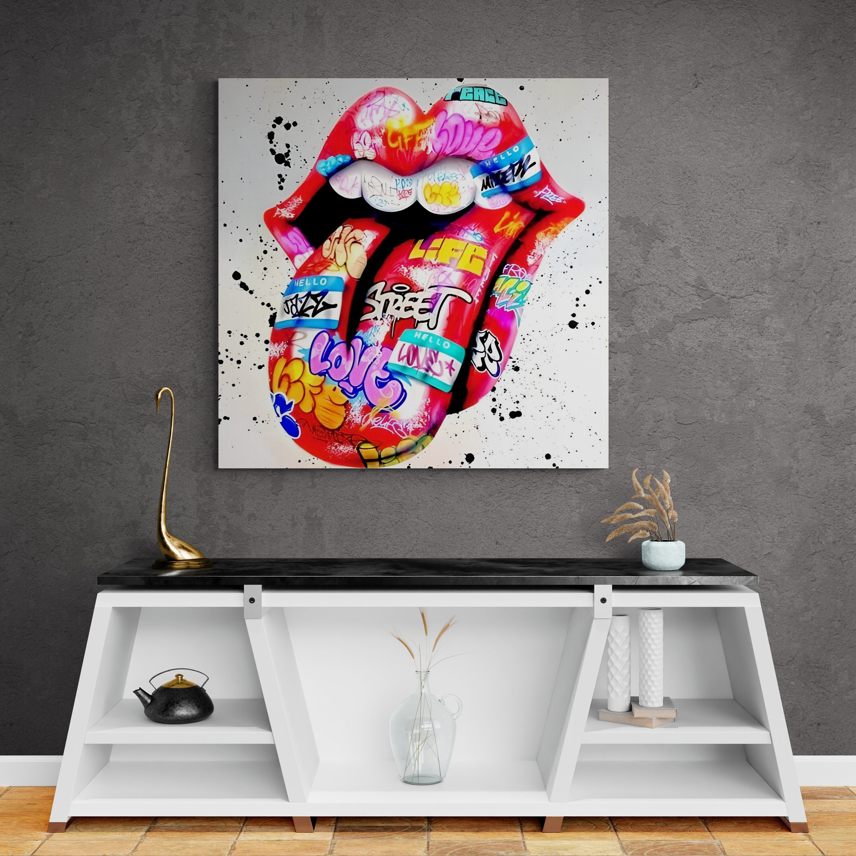 Banksy Leinwand Kunst, Graffiti Wandkunst, Wandbild Zitat Leinwand, Lippen Graffiti Wandkunst, Graffiti Leinwand Kunst, Banksy Wandkunst, Longue Leinwand, Banksy