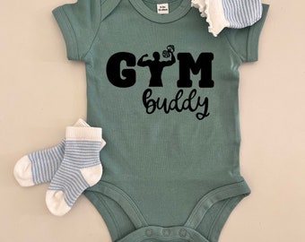 Gym buddy baby bodysuit/ Personalized baby clothes sage green/ Father's Day gift