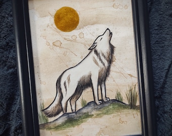 Loup peinture dessin original cadre