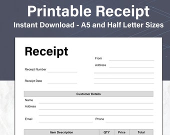 Receipt, Printable Customer Order Receipt Form, Sales Order Receipt Template, A5 and Half Letter, Ideal for Small Business or Online Shops