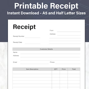 Order Receipt, Printable Customer Order Receipt Form, Sales Receipt Template, A5 and Half Letter, Ideal for Small Business or Online Shops
