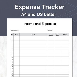 May include: A black and white printable budget tracker sheet with the title "Expense Tracker" and "Income and Expenses". The sheet includes columns for date, details, income (credit), expense (debit), and balance.