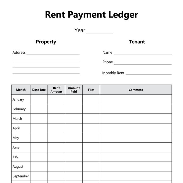 Rent Payment Ledger, Printable Rent Payment Tracker, Rental Payment Log, Ideal for Landlords