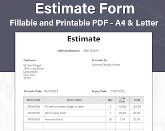 Plantilla de estimación y cotización Formulario de estimación simple imprimible y rellenable, ideal para profesionales y propietarios de pequeñas empresas, PDF rellenable