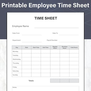 Feuille de temps des employés imprimable, journal des heures travaillées et indicateur de temps hebdomadaire, idéal pour votre petite entreprise