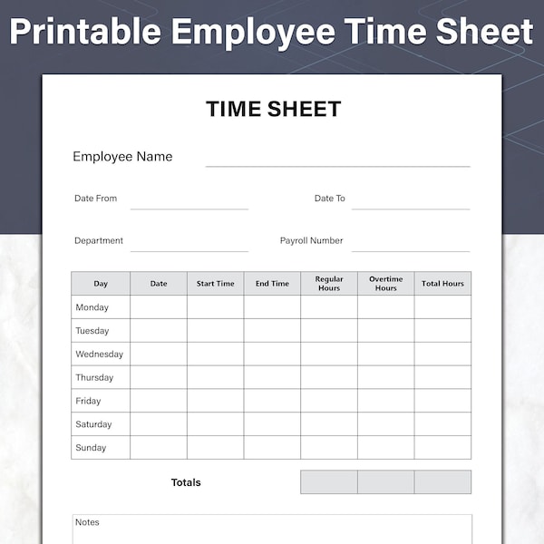 Printable Employee Time Sheet, Weekly Time Tracker, Ideal For Your Small Business