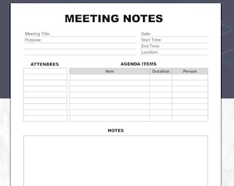 Plantilla de notas de reunión, planificador de agenda, notas personalizables para reuniones con clientes, documento Word imprimible en formato A4 y Carta.