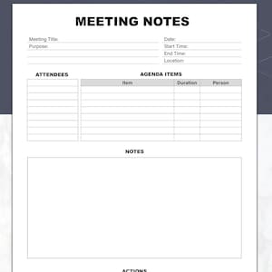 Plantilla de notas de reunión, planificador de agenda, notas personalizables para reuniones con clientes, documento Word imprimible en formato A4 y Carta.