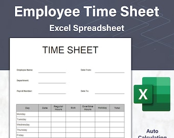 Hoja de horas semanal de empleados, registro de horas, hoja de cálculo de Excel editable (imprimible)