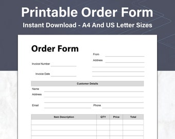 Order Form Printable Purchase Order Form, and Simple Customer Order Receipt, Ideal For Your Small Business