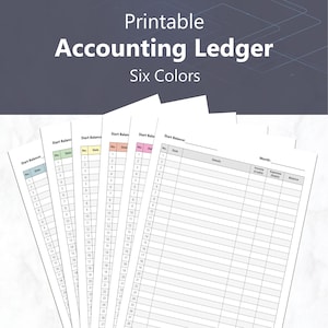 May include: Printable accounting ledger with six different colored tabs. Each tab has a section for starting balance, date, number, and details. The ledger also has columns for income, expenses, and balance.