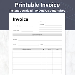 May include: A printable invoice template with fields for invoice number, date, customer details, item description, quantity, price, total, sub-total, tax, shipping, and notes.