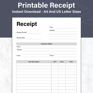 Receipt Template Printable Customer Order Receipt, Small Business Sales Receipt Form, A4 and US Letter, PDF