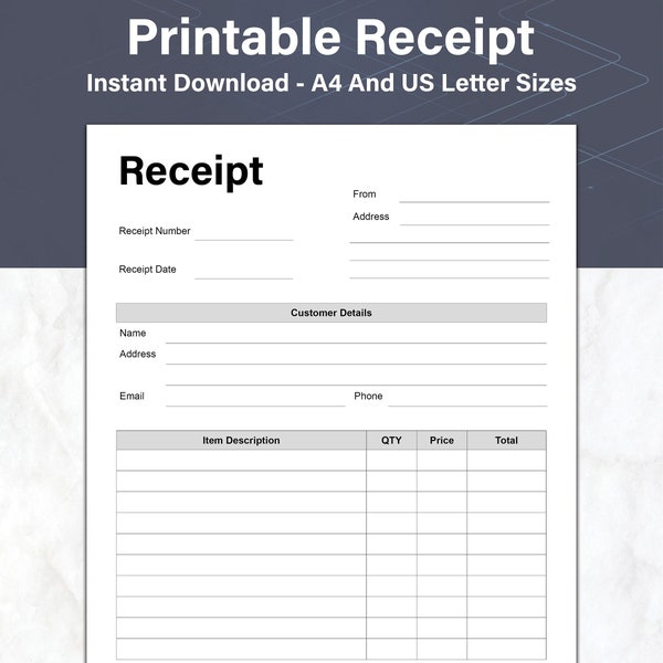 Modello di ricevuta Ricevuta stampabile dell'ordine cliente, Modulo ricevuta di vendita per piccole imprese, A4 e Lettera USA, PDF