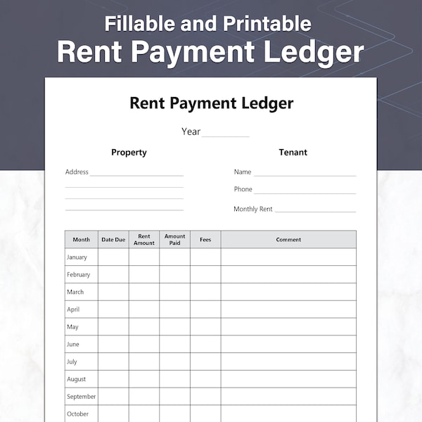 Rent Payment Ledger, Tenant Payment Log, Fillable and Printable Payment Tracker, Ideal for any Landlord, Instant Download PDF