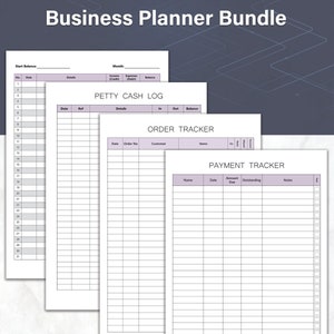 May include: A business planner bundle with accounting ledger, petty cash log, order tracker, and payment tracker templates. The templates are in A4 and Letter formats. The image has a white background with a purple and gray design.