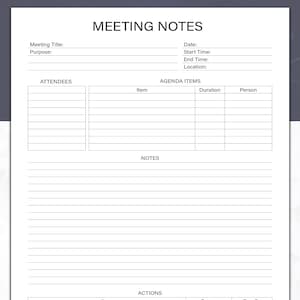 Plantilla de notas de reunión imprimible, formulario de notas de reunión simple, planificador de actas y agenda, tamaño carta, A4, A5 y media carta. Impresión de alta calidad