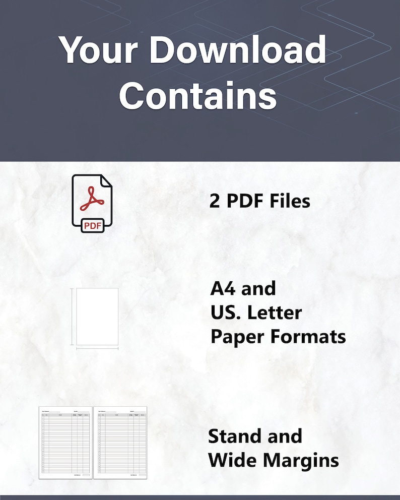 May include: Two PDF files containing printable blank pages with stand and wide margins. The files are available in both A4 and US Letter paper formats.