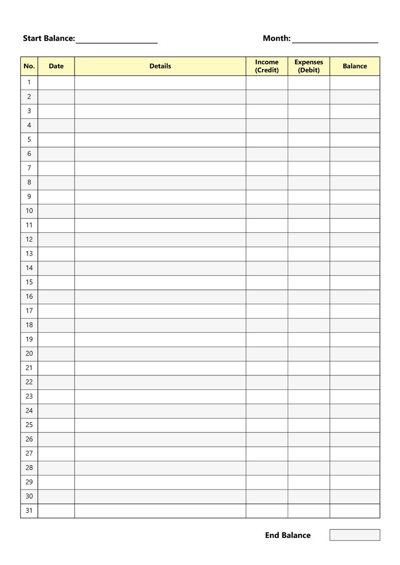 May include: A blank monthly budget tracker with columns for date, details, income, expenses, and balance. The tracker has 31 rows for each day of the month.