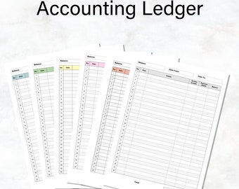 Hojas de contabilidad imprimibles, registro de gastos y libro mayor, papel en columnas, seis colores, descarga instantánea