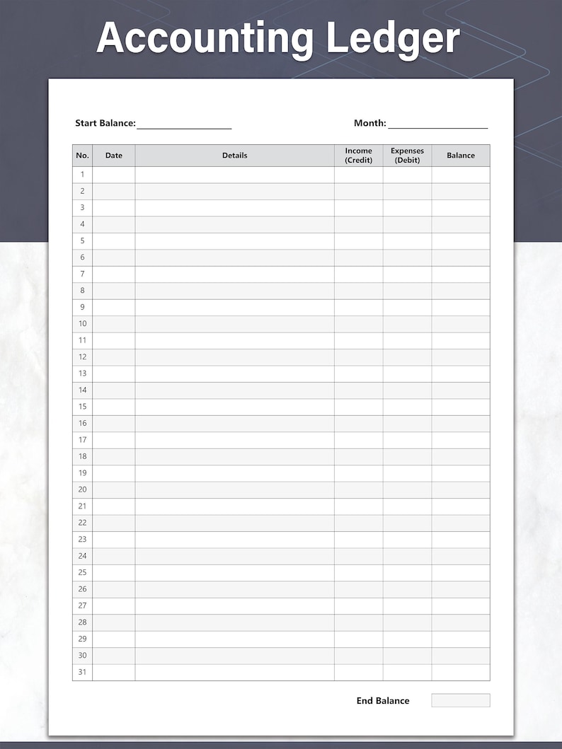 Accounting ledger sheet income and expenses columns. Start balance and End Balance