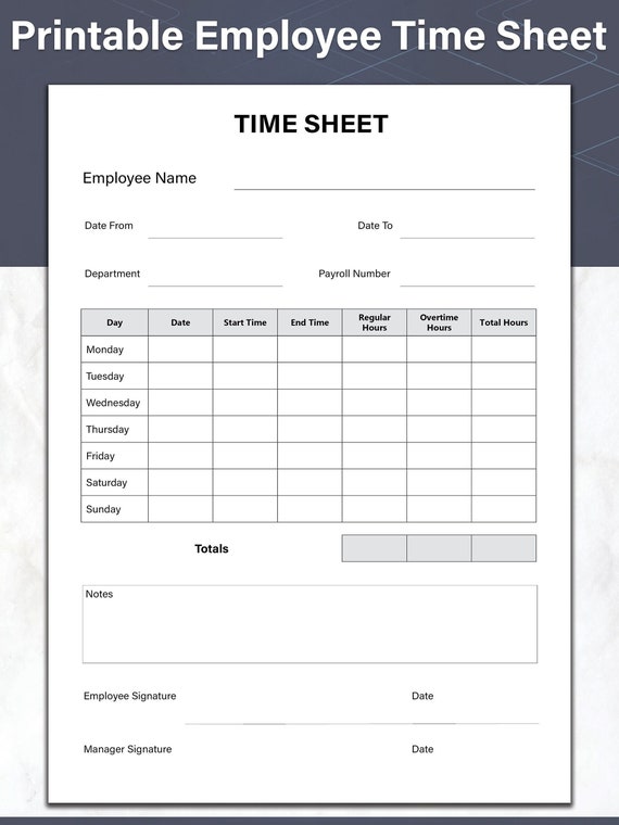 Printable Employee Time Sheet Template, Hours Worked Log and Weekly Time Tracker, Ideal For Your Small Business