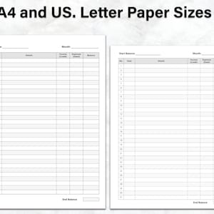 May include: Two blank budget tracker templates, one for A4 and one for US Letter paper sizes. Each template has columns for date, details, income, expenses, and balance.