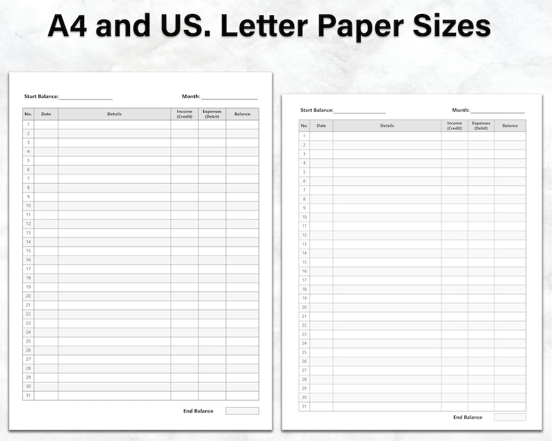 May include: Two blank budget tracker templates, one for A4 and one for US Letter paper sizes. Each template has columns for date, details, income, expenses, and balance.