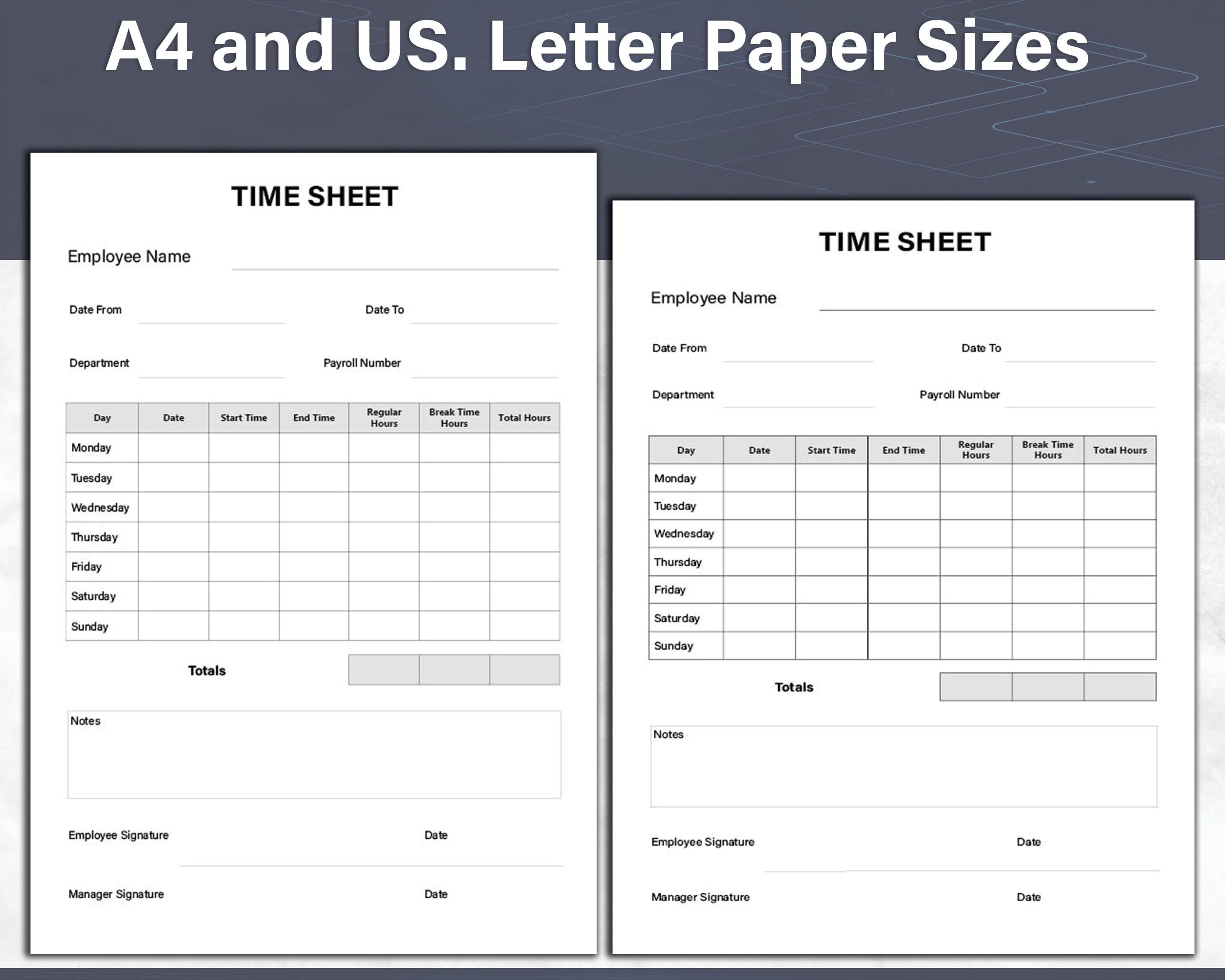 Printable Employee Time Sheet Template, Hours Worked and Weekly Time ...