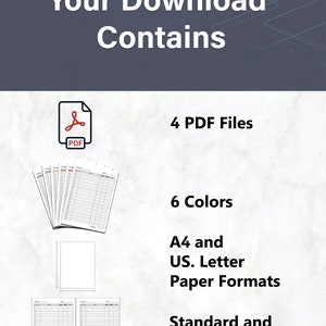 May include: A set of printable planner pages in six different colors. The pages are available in both US Letter and A4 sizes, with standard and wide margins. The download includes four PDF files.
