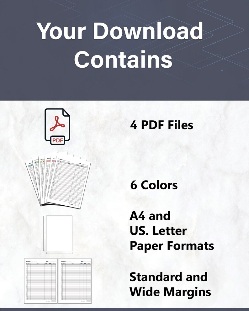 May include: A set of printable planner pages in six different colors. The pages are available in both US Letter and A4 sizes, with standard and wide margins. The download includes four PDF files.