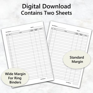 May include: Two printable budget sheets, one with a wide margin for ring binders and one with a standard margin. Each sheet has columns for date, details, income, expenses, and balance.