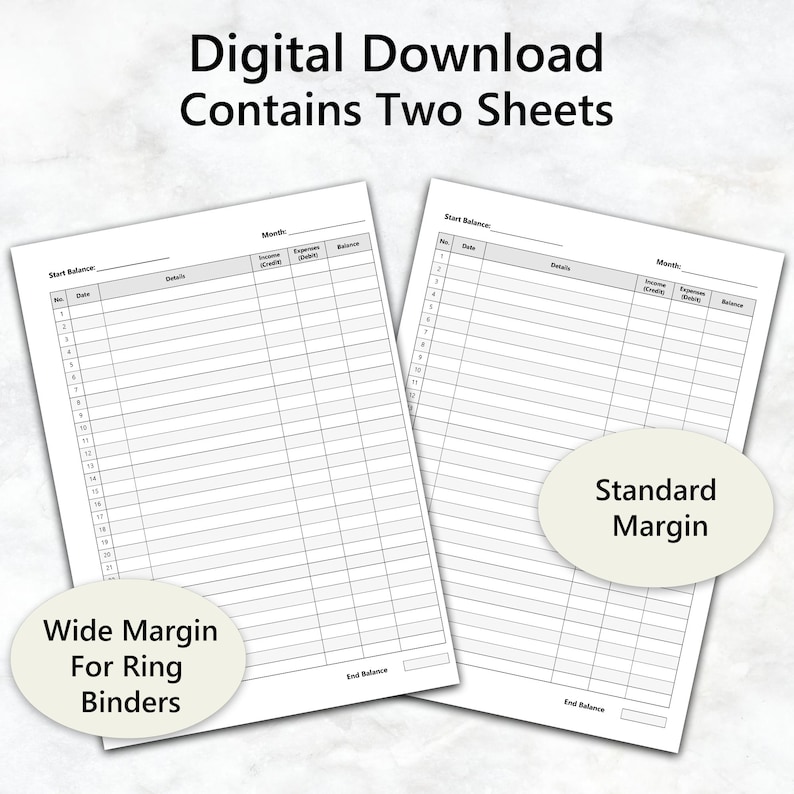 May include: Two printable budget sheets, one with a wide margin for ring binders and one with a standard margin. Each sheet has columns for date, details, income, expenses, and balance.