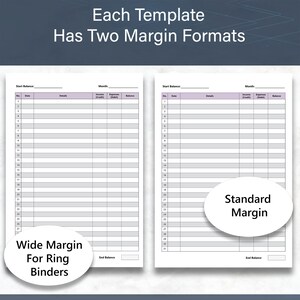 May include: Two white accounting templates with different margin formats. One is labeled "Wide Margin For Ring Binders" and the other "Standard Margin". The text "Each Template Has Two Margin Formats" is at the top.