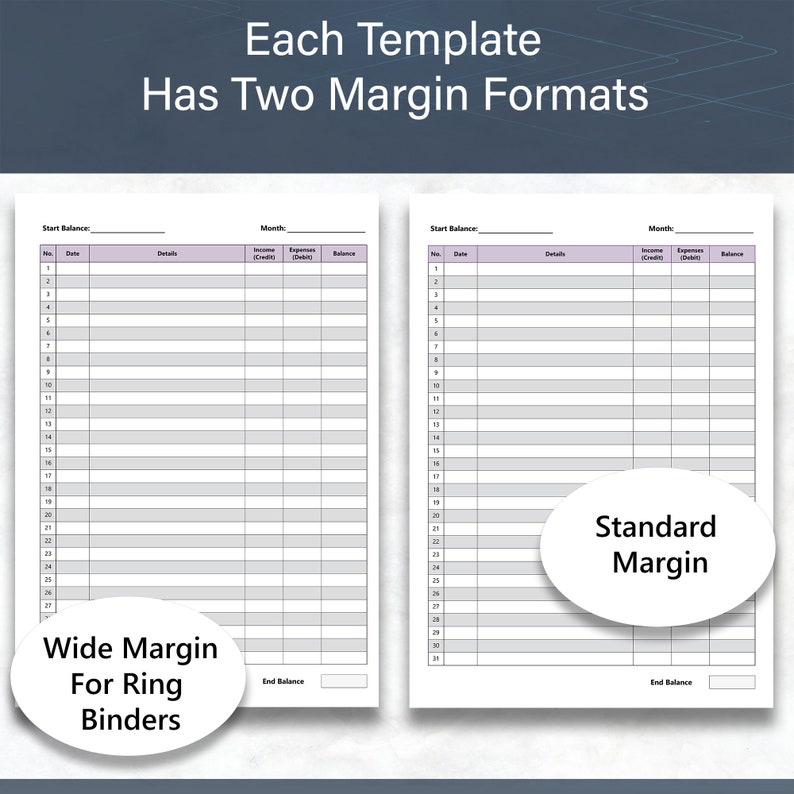 May include: Two white accounting templates with different margin formats. One is labeled "Wide Margin For Ring Binders" and the other "Standard Margin". The text "Each Template Has Two Margin Formats" is at the top.