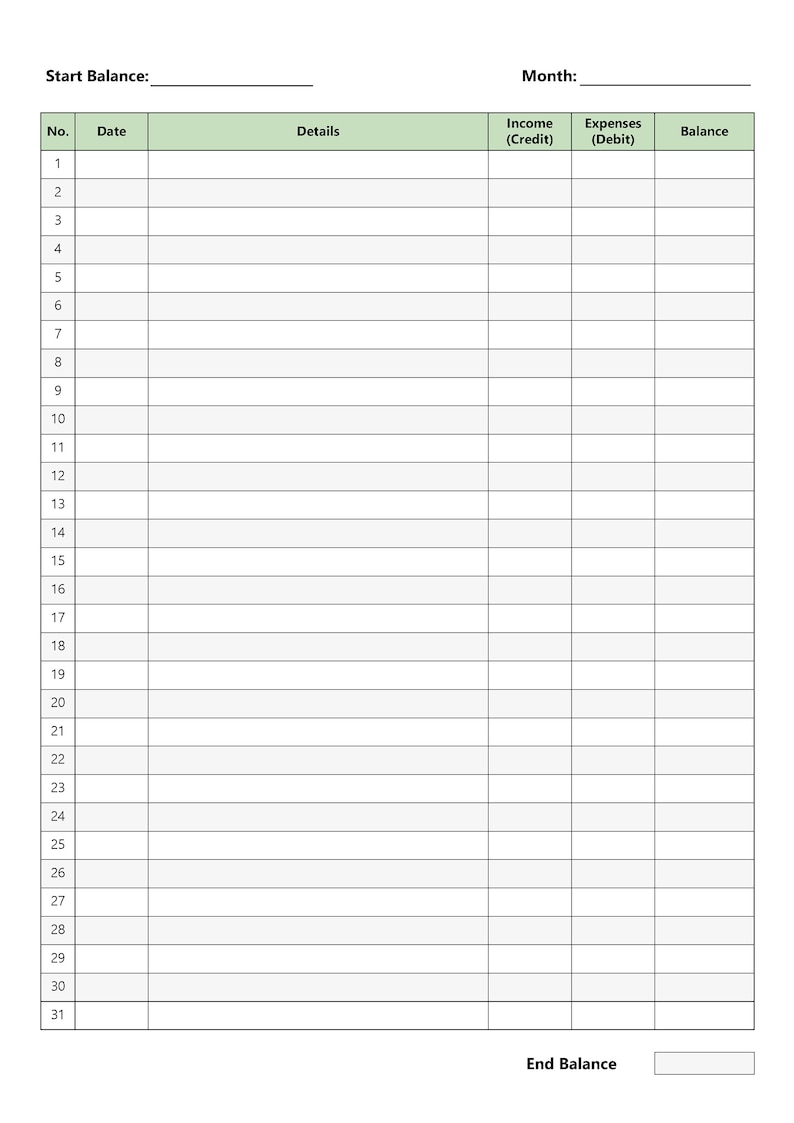 May include: A blank monthly budget tracker with columns for date, details, income, expenses, and balance. The tracker has 31 rows for each day of the month.