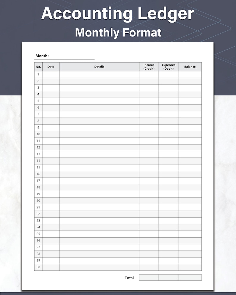 Monthly accounting ledger template with columns for income, expense, balance and totals. Designed for small business.
